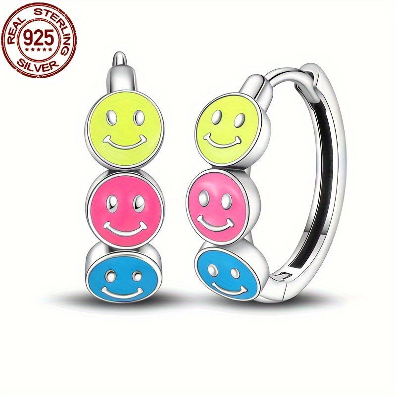 

925 Sterling Silver Colorful Luminous Face Hoop Earrings, Fits Original 3mm Charm Bracelets & Necklaces, Cute Holiday Style, Women's Birthday Fine Jewelry Gift