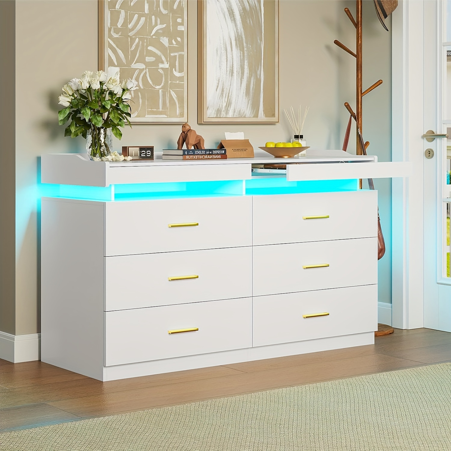 

1pcs White Led Dresser For Bedroom, 6 Drawer Dresser With 2 Pull-out Trays, Modern Wide Dresser For Living Room Entryway