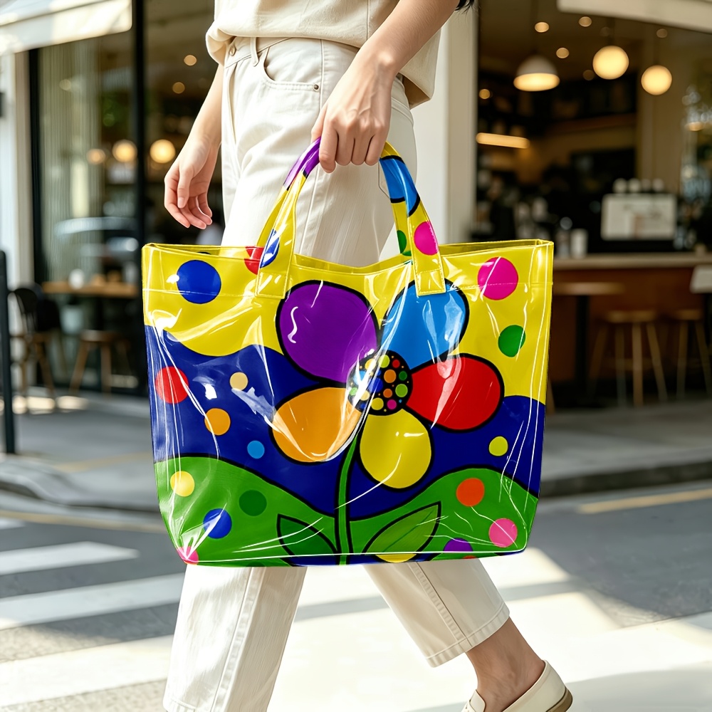 TEMU 1pc Glossy Handheld Tote Bag, Cartoon Polka Dot Flower Pattern, Bright Colorful Pop , Suitable For Women, Back-to-school And Halloween Gift,