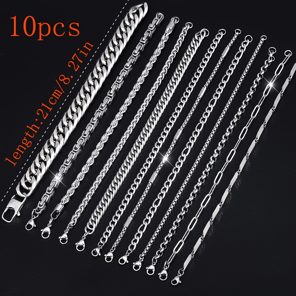E-shop 10 Stück Herrenarmbänder aus 304 Edelstahl - Damenarmbänder - Unisex-Schmuck, einfaches stilvolles Armreif-Set für Herren, eine ausgezeichnete