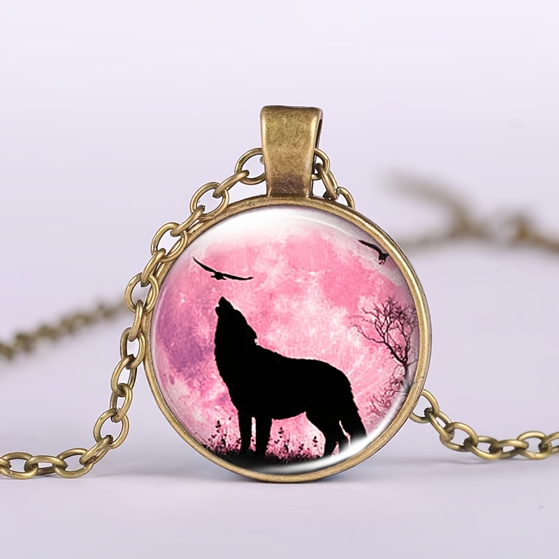 TEMU 1pc Packaging, Brown Metal With Glass Inlay Featuring Chain Necklace. The Design Showcases A Black Wolf On A Pink Background, With 2 Birds In