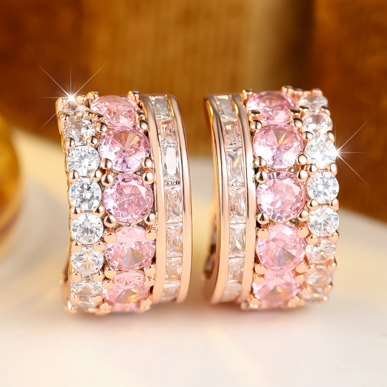 TEMU Pair Of Earrings With Pink Round Synthetic Zirconia, Women's Easy Elegant Classic Exquisite Individual Versatile Exquisite Jewelry Additions