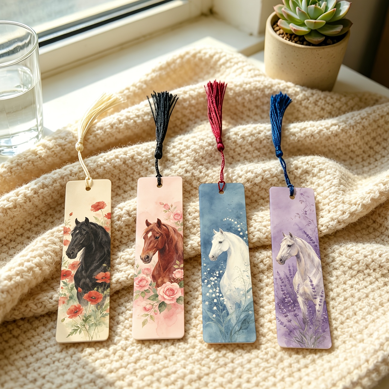 TEMU 4pcs, Macaron Floral Field Of Horses, , Rose, Lavender, Yellow Purple, Floral Horse Watercolor Pattern 1.5in X 5.9in 2d Printed Faux Leather