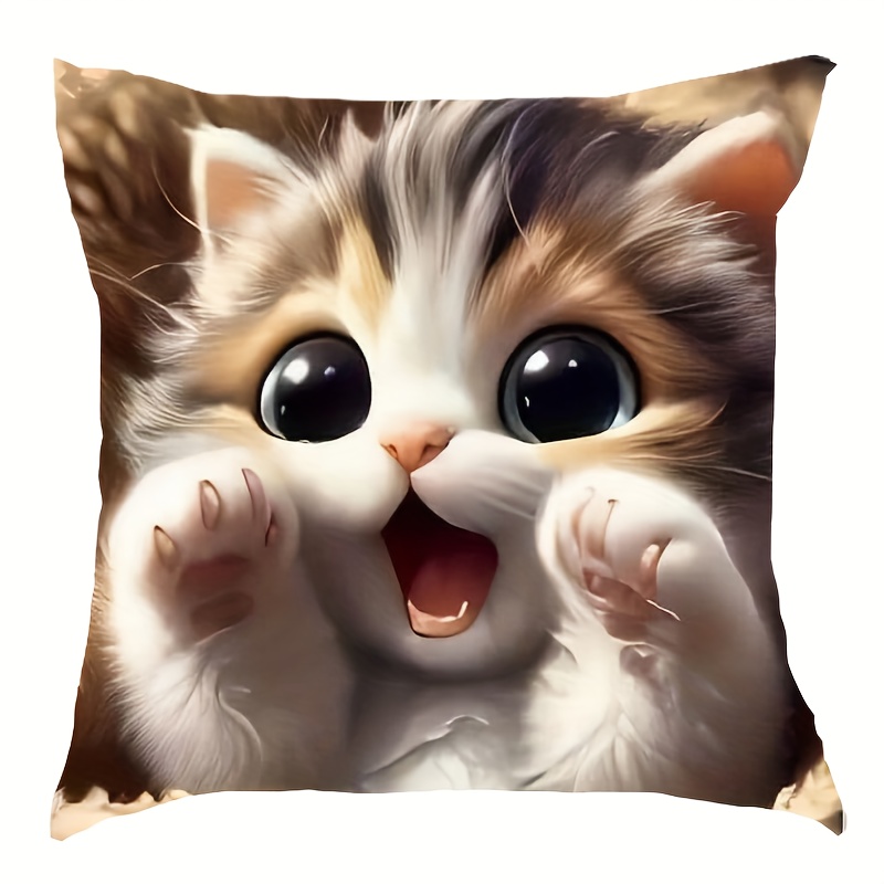 

Cute Cat Print Plush Pillowcase - 18x18 Inch, Decor For Living Room Or Outdoor Sofa, Gift For Family & Friends, Polyester Cover Only