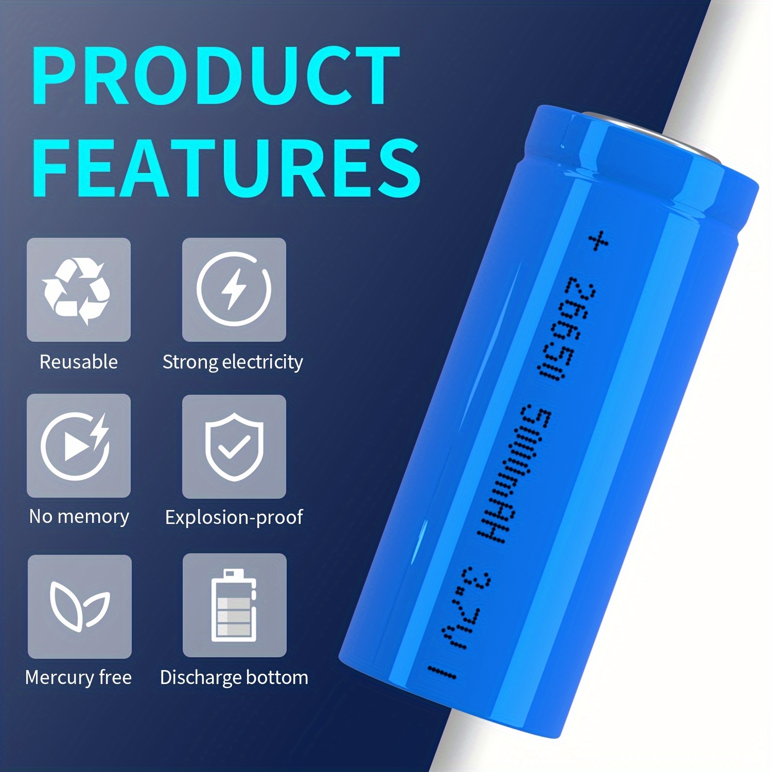 סוללה נטענת בקיבולת גבוהה 5000mAh 26650 - מקור כוח ארוך טווח לפנסים, סטרימרים, מאווררים ועוד - טעינה ב-USB, עיצוב עם כפתור עליון, ביצועים אמינים פרטים 3