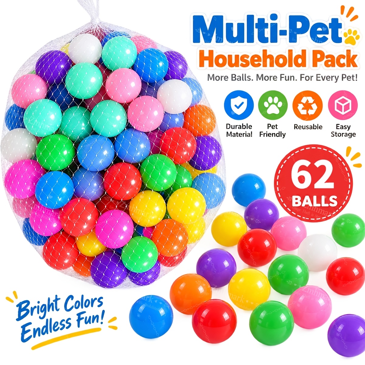 TEMU 62pcs Interactive Pet Balls, Suitable For Cats And Dogs - Durable Plastic Balls, Random Colors, Reusable Toys, Playing With Pets, Dog Training,