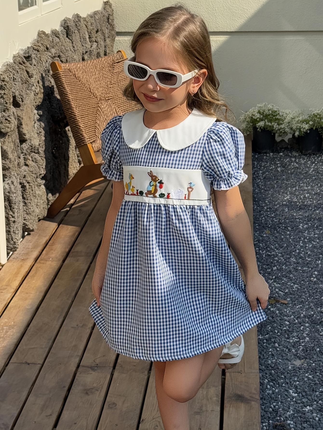 blue and white smock dress Denby Check Hand Smocked Double Breasted Short Sleeve Dress in Blue