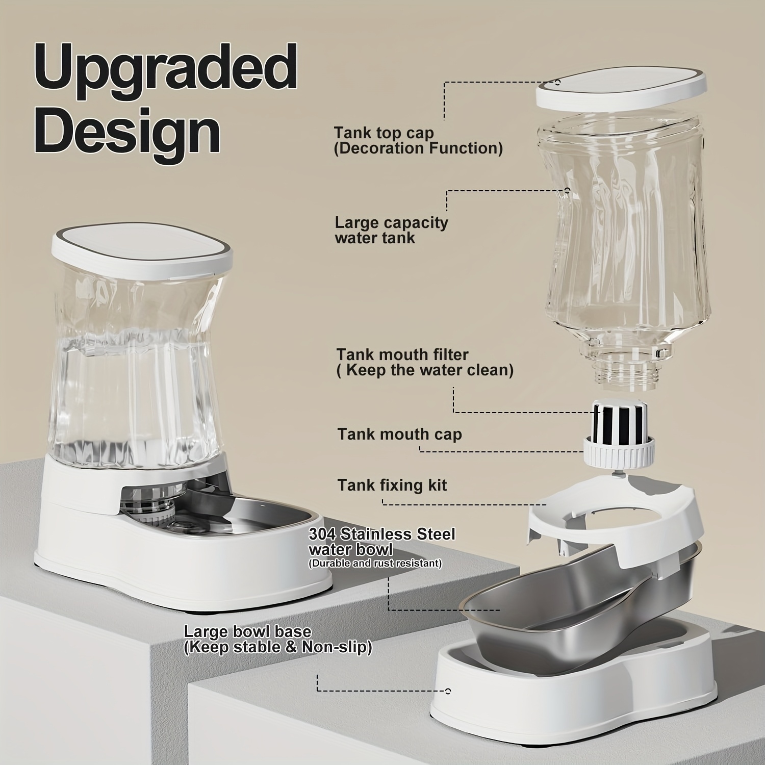 Pet Water Dispenser 3.85L Gravity Automatic Feeding, 304 Stainless Steel Bowl, Removable And Washable, Uncharged, No Battery, For Medium/ Large-Sized Dogs & Cats & Other Pets