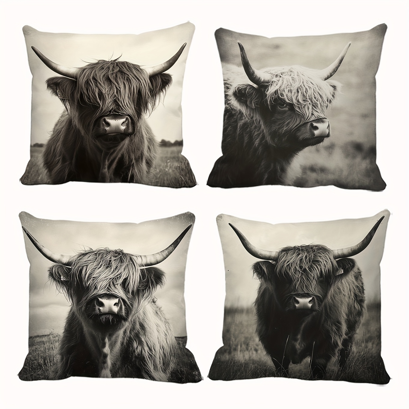 Image of 4pcs Vintage Highland Cow Throw Pillow Covers - Black And White Polyester Decorative Cushion Cases For Living Room, Bedroom, Office, And Car - Zippered, Hand Wash Only (no Inserts), Cow Decor