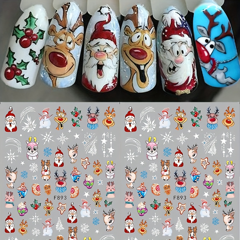 Image of Set Of 2 Festive Cartoon Nail Art Stickers Featuring 3d Self-adhesive Designs Of Santa, Deer, Snowmen, Snowflakes, And Animals For -yourself
