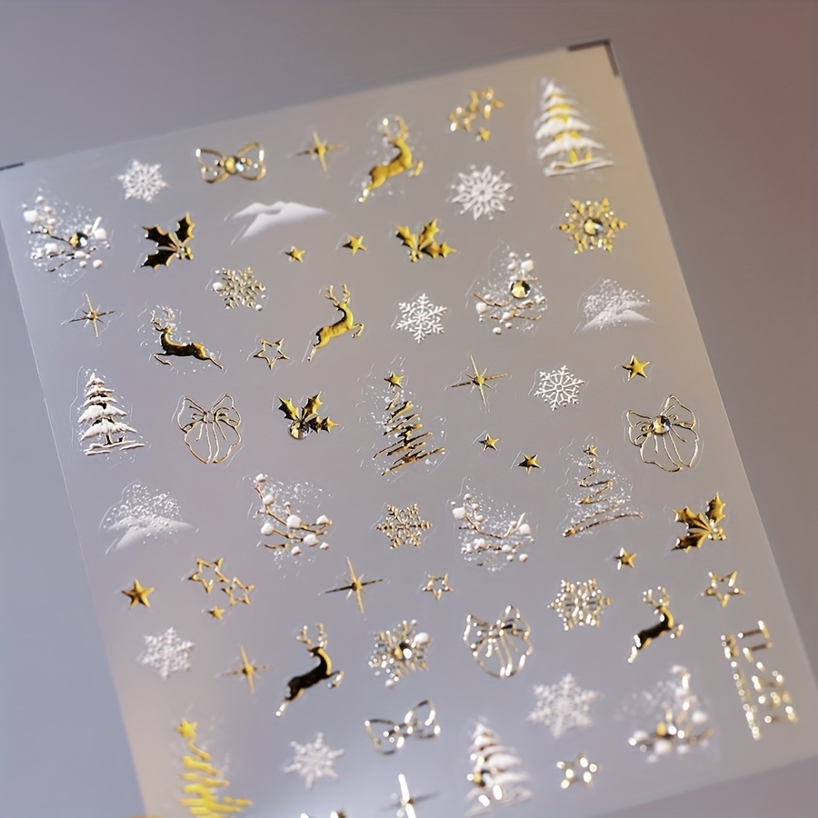 1pc 5d Embossed Christmas Rhinestone Nail Art Stickers Snowflake Elk Christmas Self-adhesive Nail Stickers Decorations For Women And