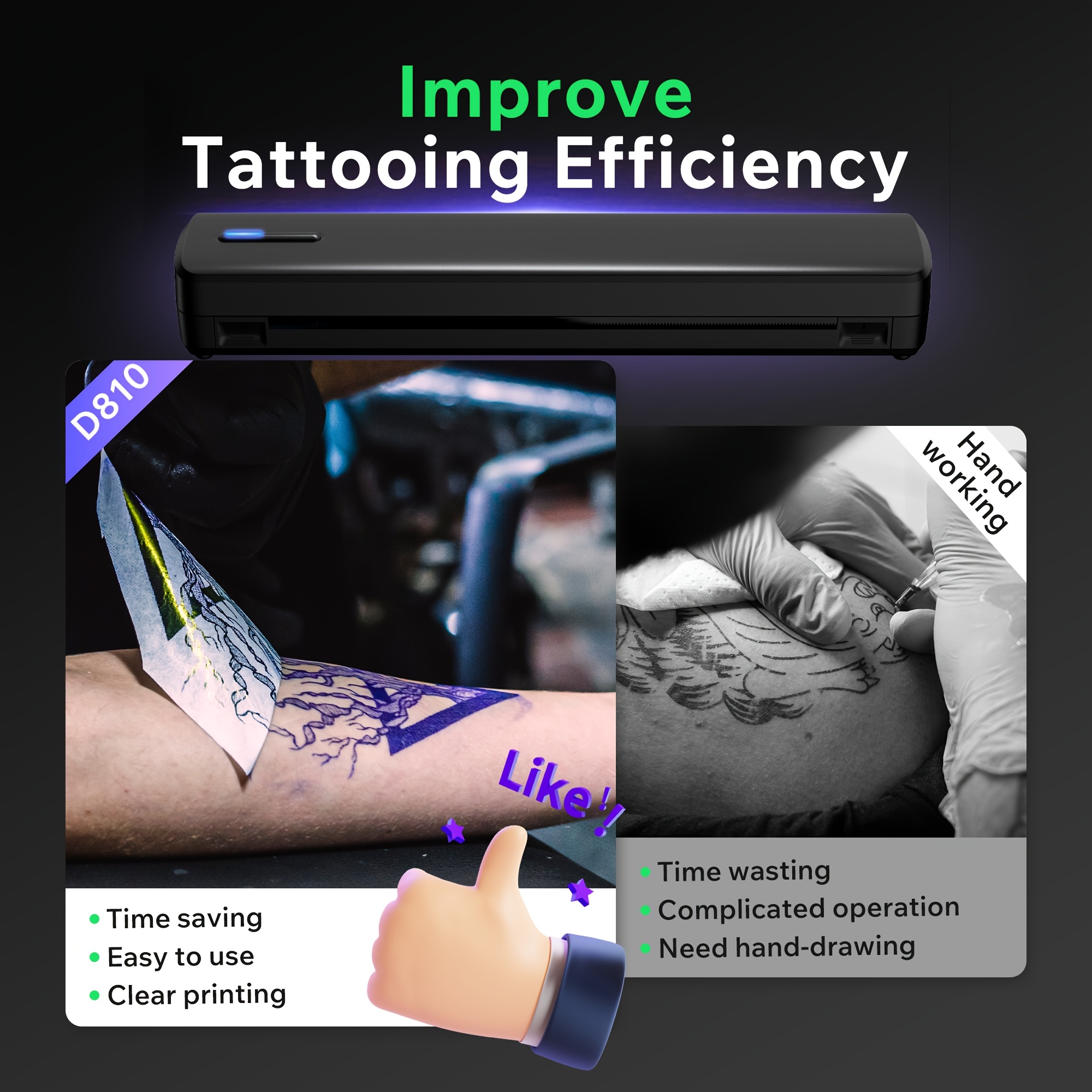 Imprimante Portable Sans Encre D810B, Imprimante Sans Fil de Voyage, Machine à Tatouage Thermique, Compatible avec Papier Thermique A4 et US Letter, Adaptée aux Téléphones Portables et Ordinateurs Portables, Idéale pour les Affaires, Voyages, Bureau et Maison