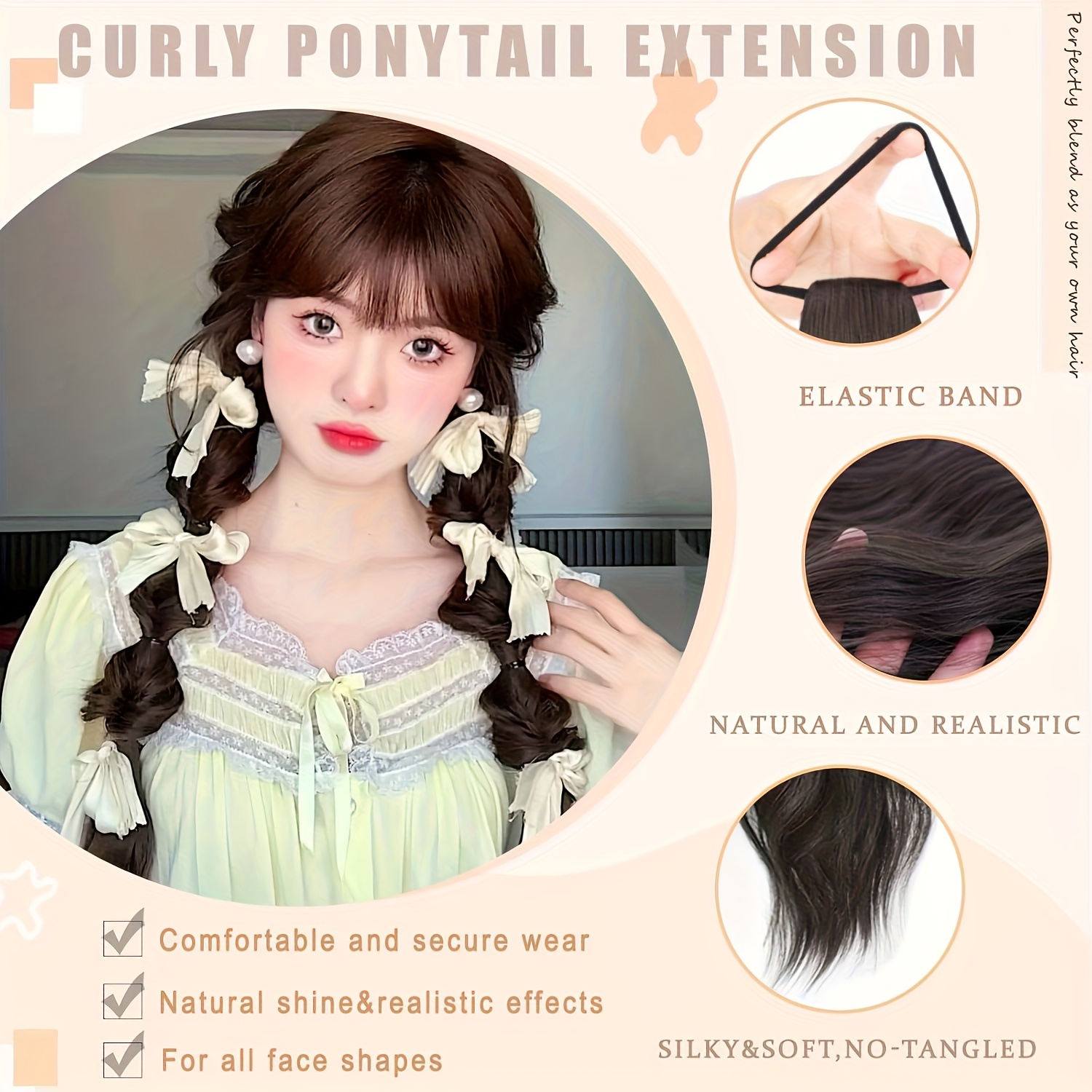 2pcs curly ponytail extension with elastic tie 17 inch resistant synthetic natural wavy hairpiece pony tail hair extensions wave   ponytail hairpieces for women daily wear   music festival brown details 1