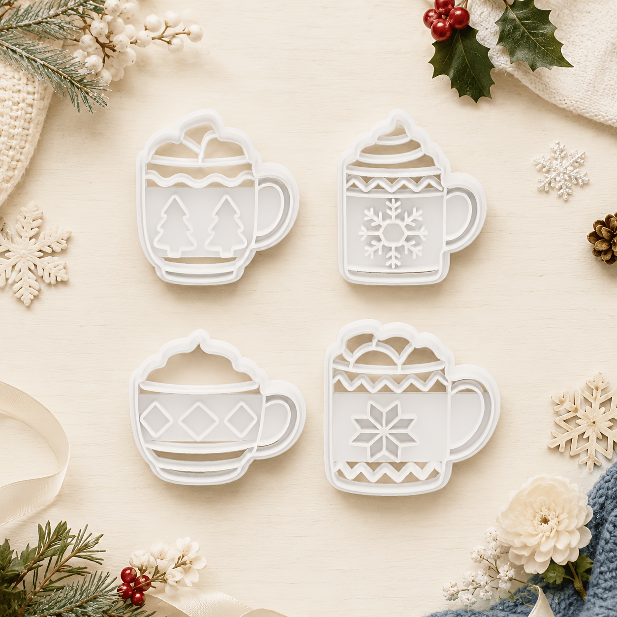 TEMU 4pcs Christmas And Winter Warm Cup Polymer Clay Cutter, Tea Cup Clay Molds, Tea Cup Shaped Clay Molds, Daily Scene Jewelry Making Tools, Craft