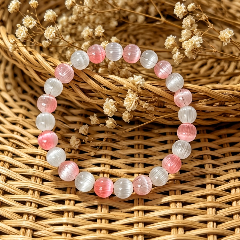 Dreamy Pink-Toned Cat's Eye Stone Beaded Bracelet, Unique Accessory