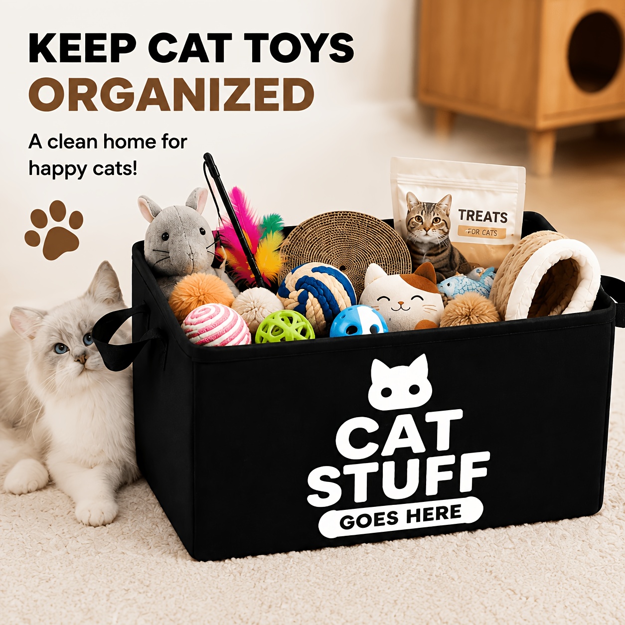 TEMU Cat Toy Storage Basket, Collapsible Pet Toy Bin With Handles, "cat Stuff Goes Here" Large Capacity Storage Box For Cat Toys, Treats, Clothes And