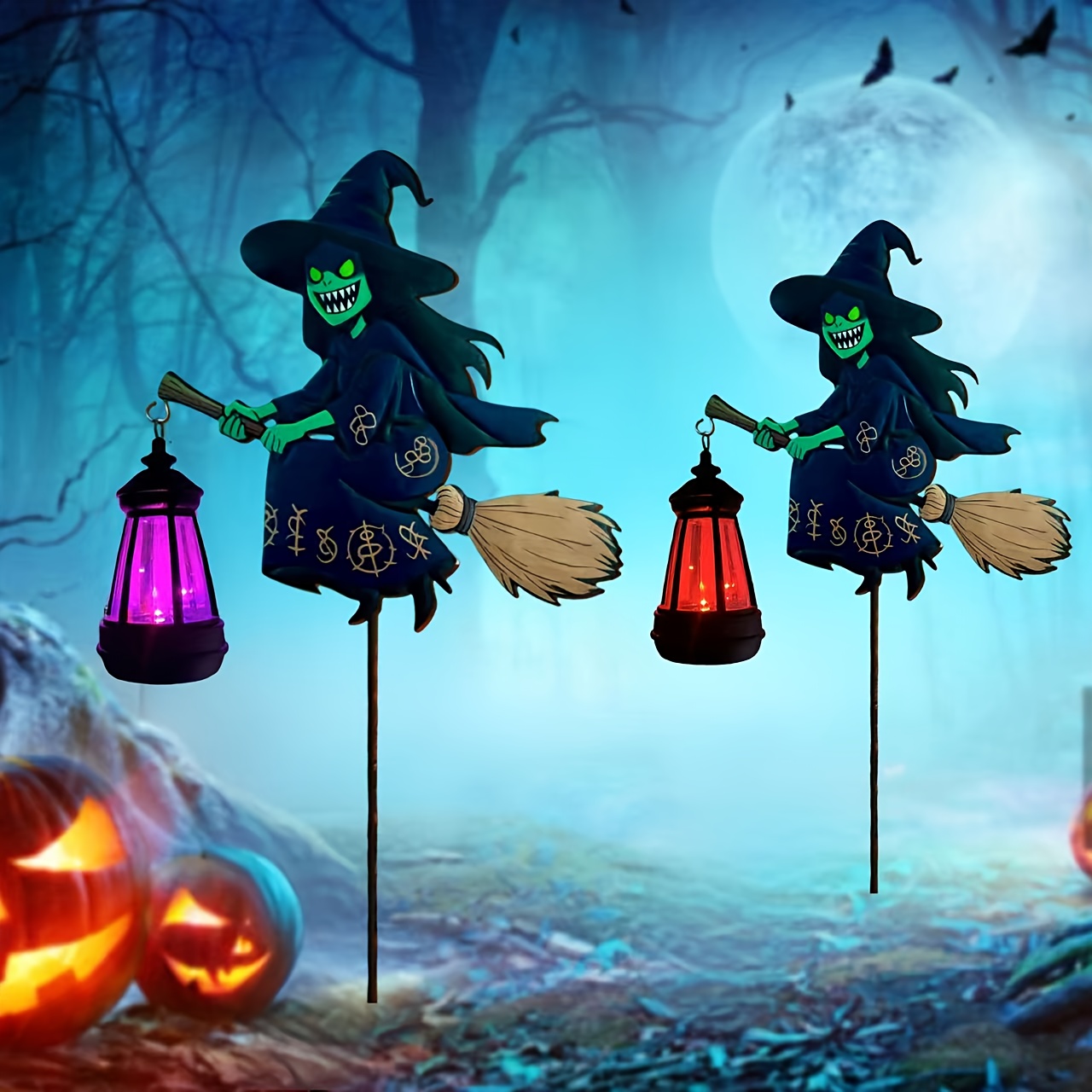 TEMU 2pcs Solar Garden Lights Outdoor Ip56, Solar Hanging Lantern Iron Witch Outdoor Statue Lamp, Halloween Outdoor Decorations, Halloween Solar