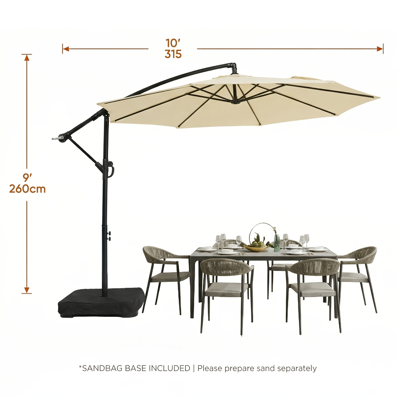10-Foot Patio Offset Umbrella with a Base, Cantilever Design, Featuring a Crank And Cross Bases, Suitable for Outdoor Use, Heavy-Duty Construction, Includes Push Button Tilt, Perfect for Christmas And Halloween