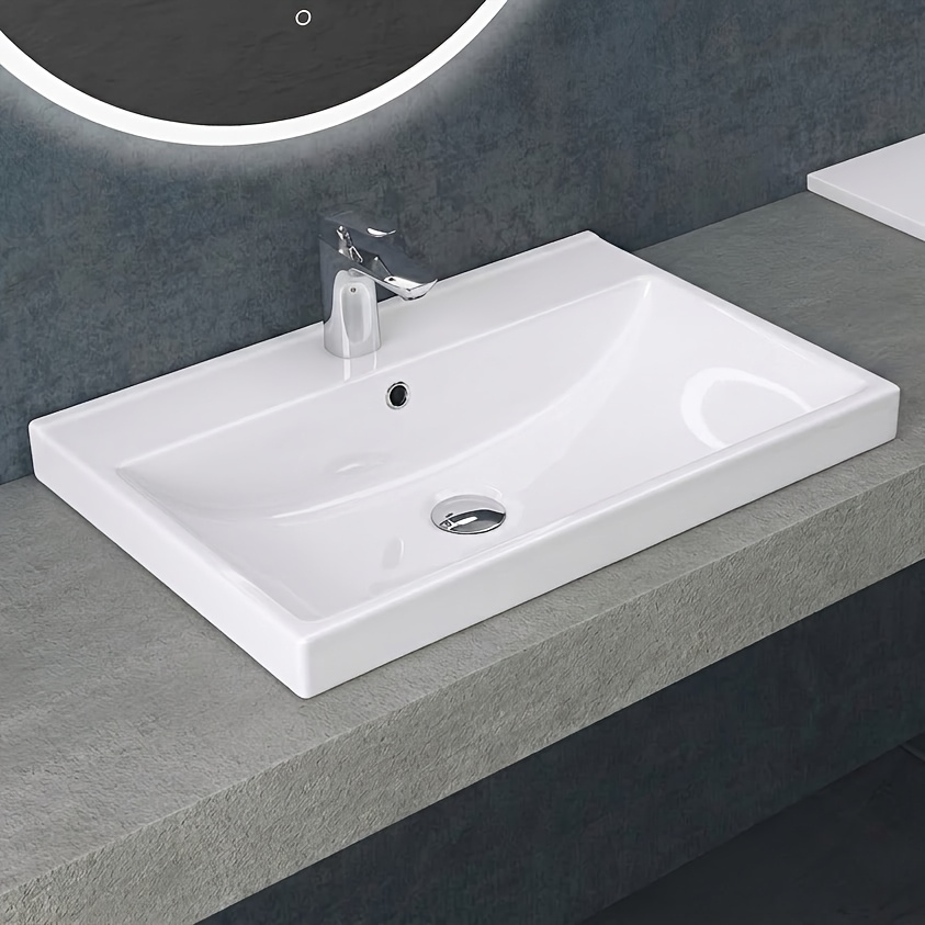 Built-in Bathroom Sink, Dimensions 61 X 45 X 16, 6 Cm, Rectangular White Ceramic Washbasin With Overflow And Tap Hole