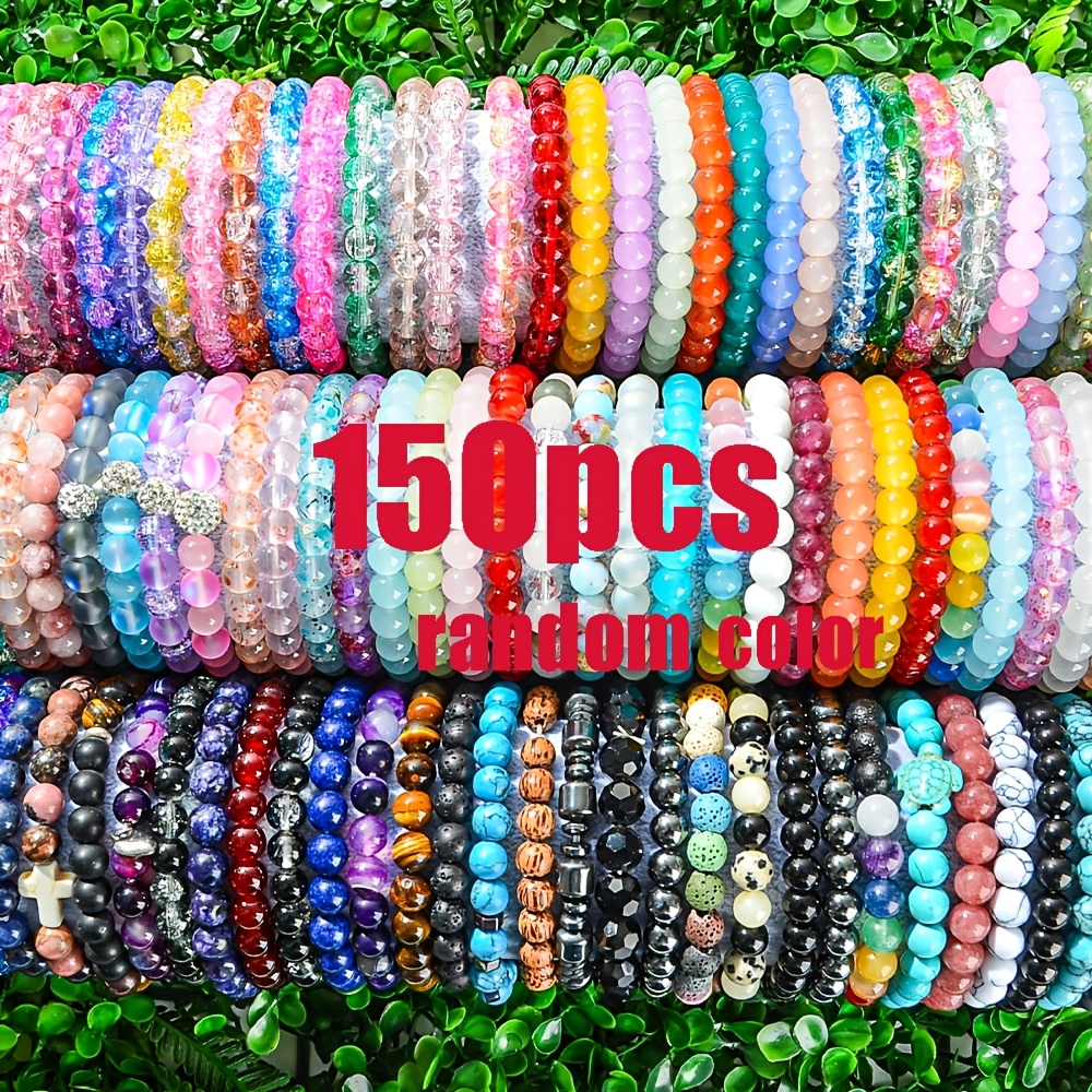 TEMU 150pcs Unisex Colorful Glass Bead Bracelet Set, Random Color Elastic Wristbands, Handmade Fashion Jewelry, Casual Daily Decoration, Party