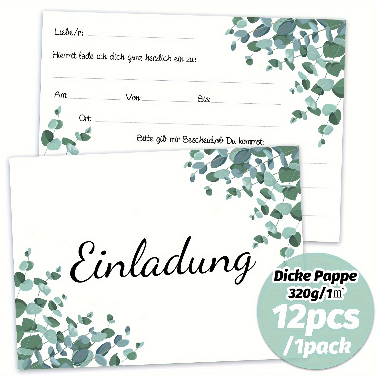12pcs Elegant Eucalyptus & Floral Thick Cardstock Invitations, 320g/m² - Personalizable For Weddings, Showers, - No Power Needed