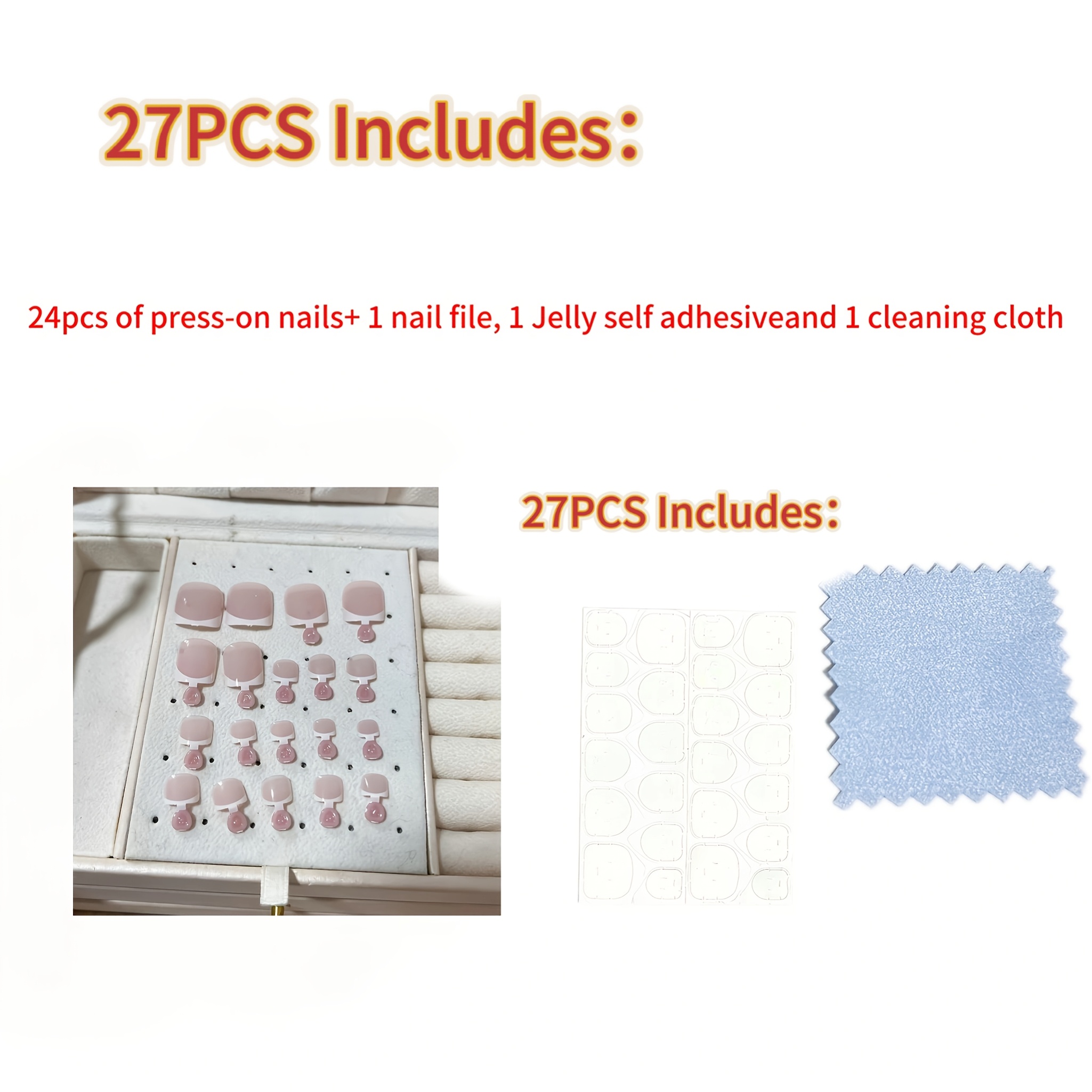 TEMU 27pcs Contains 24 Nail Tips, 1 Nail File, 1 Sheet Of Jelly Self-adhesive Tabs And 1 Cleaning Cloth White Pointed Short Square Press-on Glossy