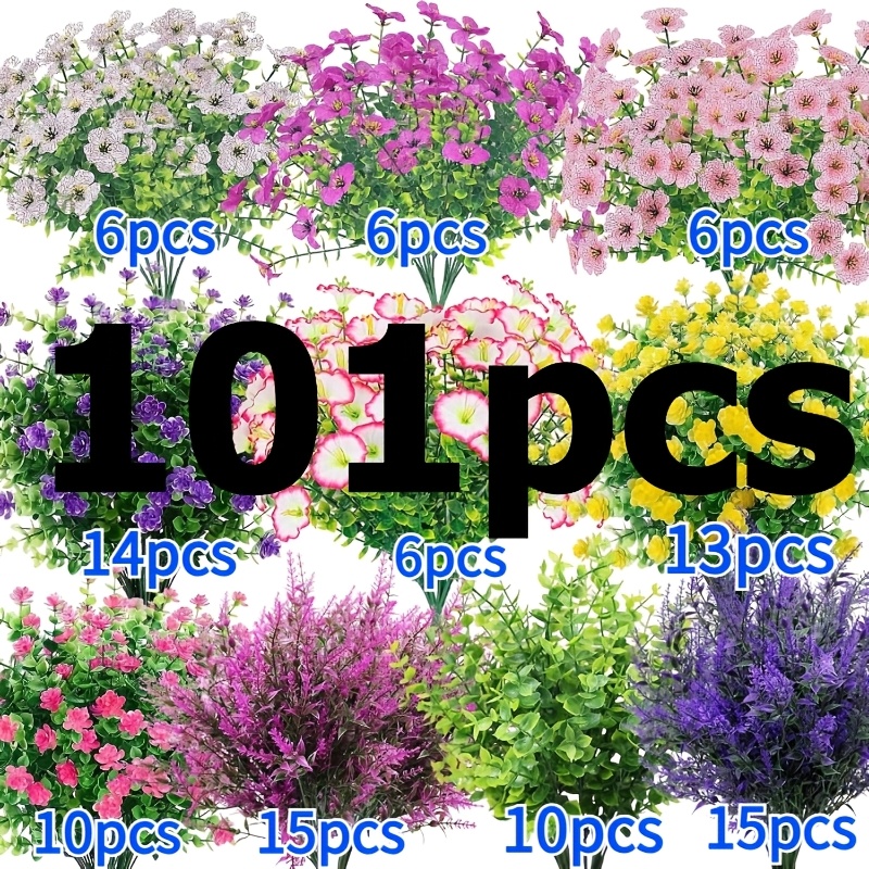 TEMU Bouquet de 101 pièces de fleurs artificielles mélangées pour l'extérieur, violet, prêle, feuilles d'eucalyptus, fleurs artificielles résistantes