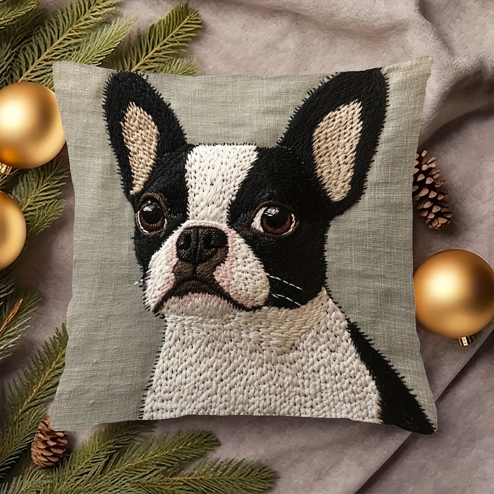 

1pc Style Boston Terrier Throw Pillow Cover, Double-sided Print Short Plush, Machine Washable, Zipper Closure, Woven Polyester, With No Insert For Room Types