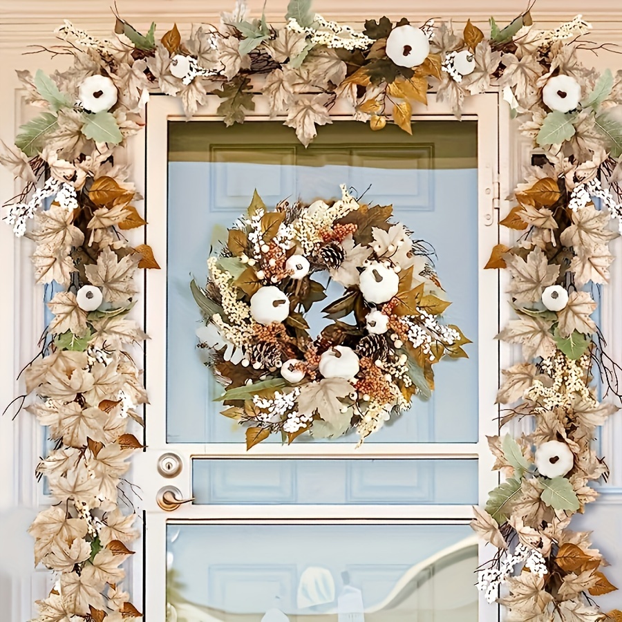 

Autumn Harvest Garland - 1 Piece, 5.6ft Plastic Maple Leaf Wreath With Pumpkins - No Feathers, No Electricity Needed For Thanksgiving Decoration