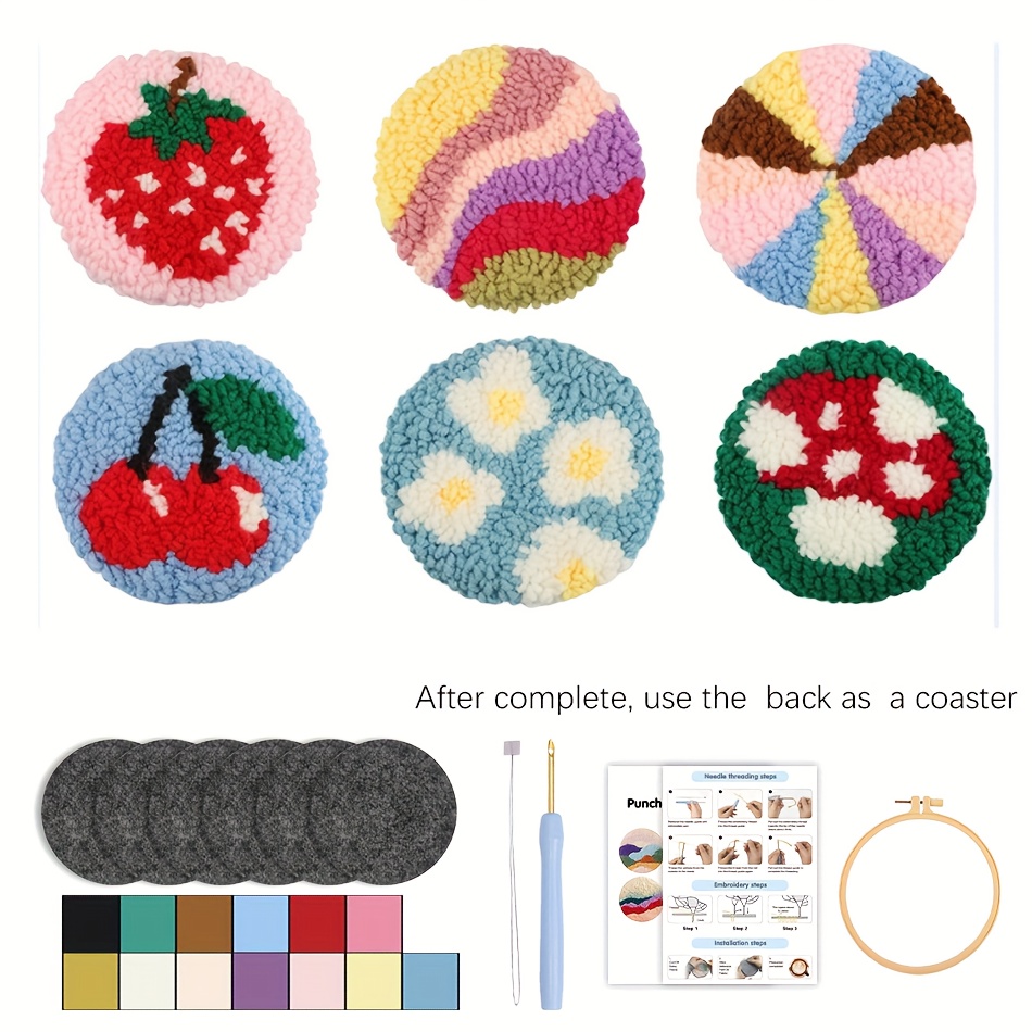Image of 6pcs Fruit Punch Needle Coasters Kit For Beginners, Needle Embroidery Kits For Adults Needle Punch Kits With Tools Making Kits Great Festival Gift And Decoration Ideas