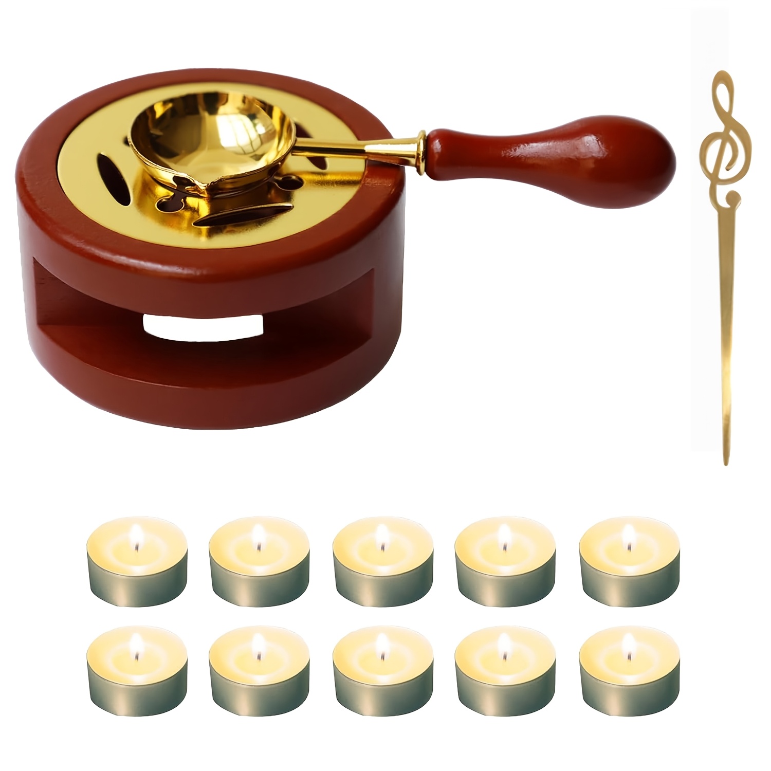 Image of 13pcs Brown Wax Seal Warmer Furnace Kit With 1pc Spoon & 10pcs Tealight Candles Set For Wedding Wax Envelope Seal Stamp