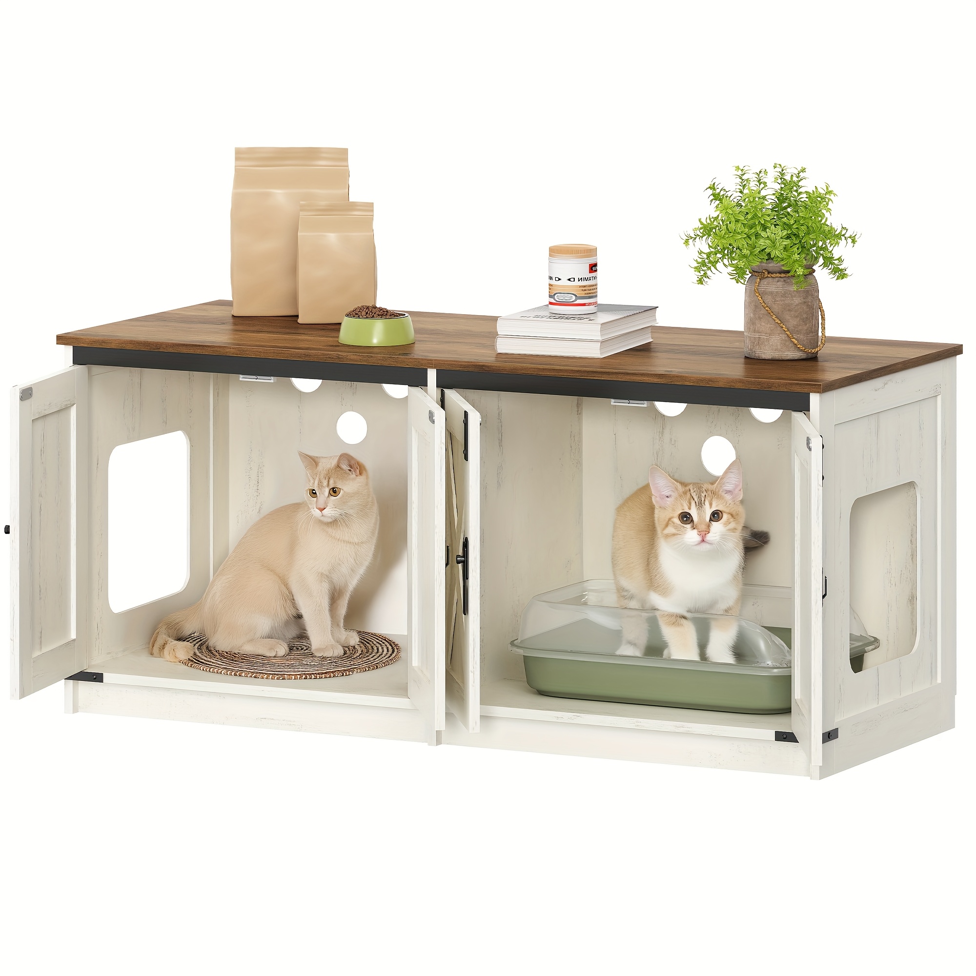 Cabinet For Cats, Litter Box Storage For 2 Cats, Concealed Cat Litter Box Unit, Indoor Cat Shelter, Rustic Design, 119 X 48 X 53.5 Cm, Brown And White