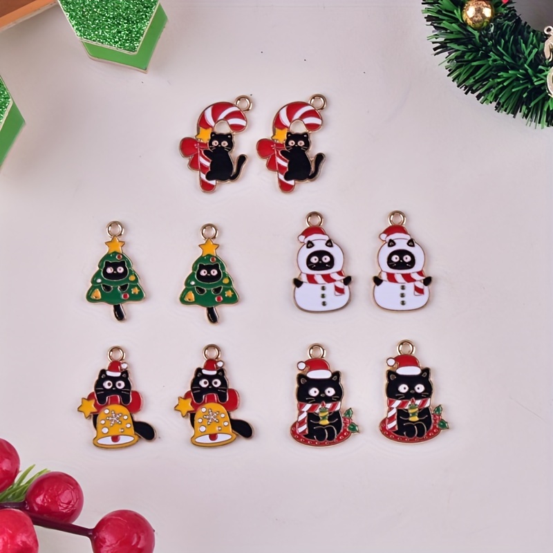 

10pcs Christmas Black Cat Charms - Alloy Diy Pendant Earrings & Necklace Jewelry Accessories, Assorted Cat, Bell, Snowman, Christmas