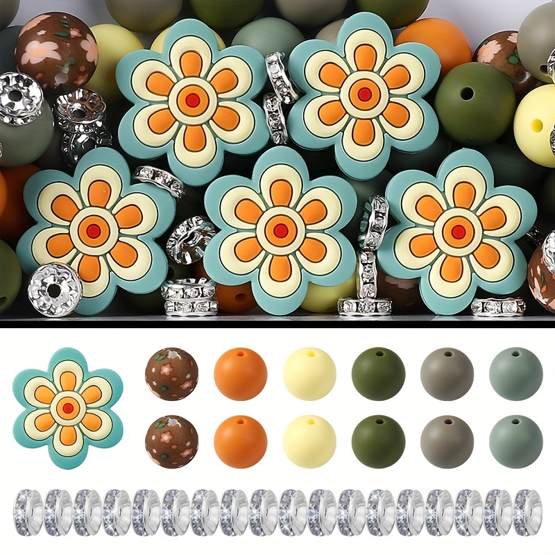 

71 Pcs Bohemian Style Flower Silicone Beads, Silica Gel Printed Beads And Spacer Beads For Jewelry Making, Diy Crafts, Beading, Keychain, Bag Chain, Bracelet, Necklace, Beaded Pen, Home Decoration