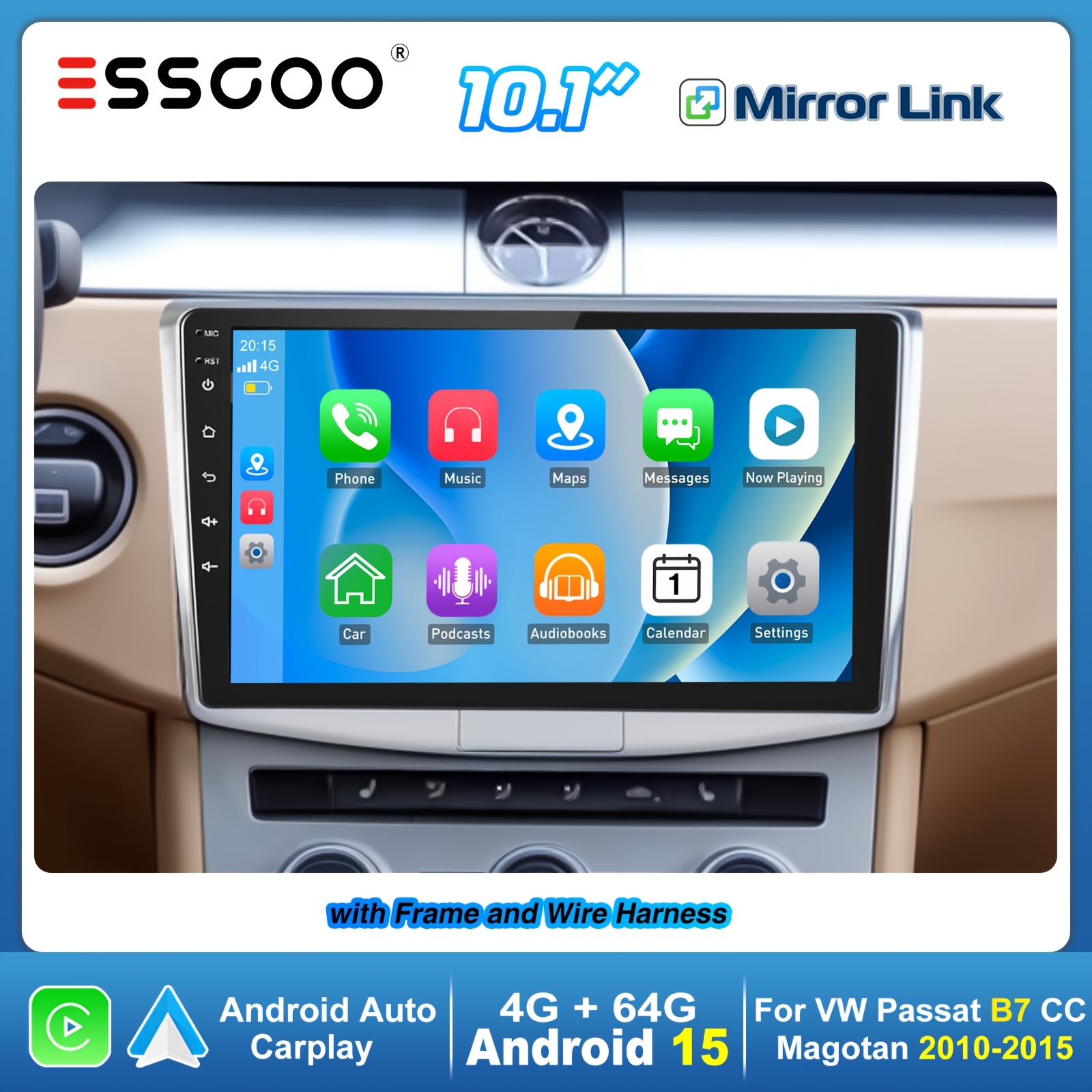 Essgoo 15 With 4gb And 64gb Storage (frame Included) For Vw B7, Cc, And Models From 2010 To 2015 Features .1-inch Ips Display. It Supports , Auto, Gps, Wifi, Fm Rds, Usb, Eq Settings