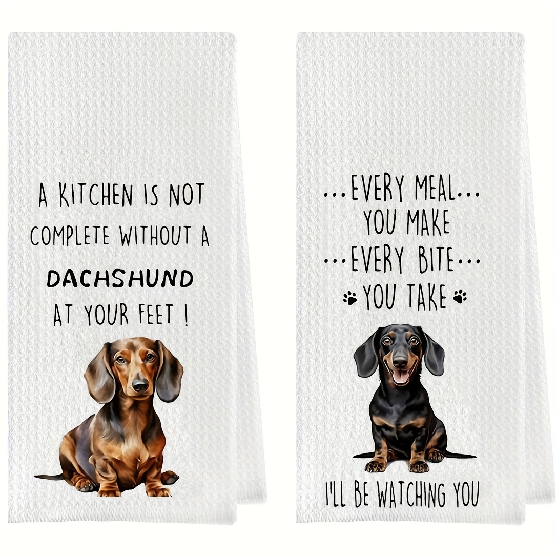 TEMU 2pcs Funny Dachshund Funny Kitchen Dish Towels Set - Absorbent & Super Soft, Dachshund Waffle Weave Kitchen Towels, Gifts For Women Hand Towel, Gifts Tea Towel