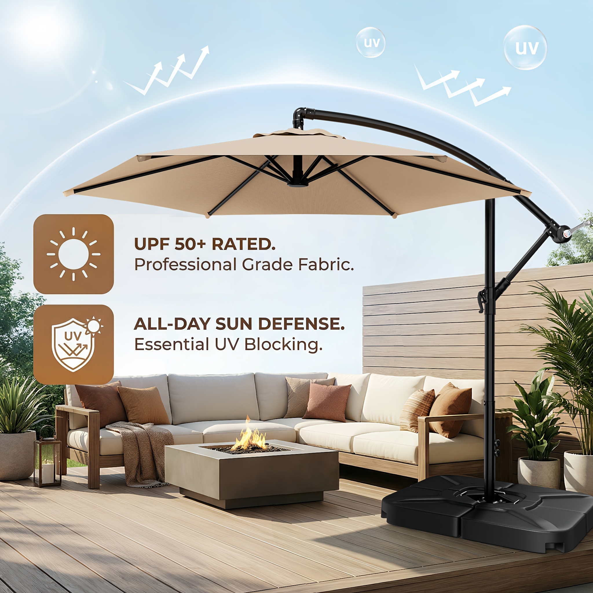 10-Foot Cantilever Patio Umbrella Featuring an Infinite Tilt Mechanism, Offset Outdoor Umbrella with a Cross Base, Durable Crank Lift Market Umbrella Suitable for Yards, Gardens, And Decks (Weighted Base Sold Separately)