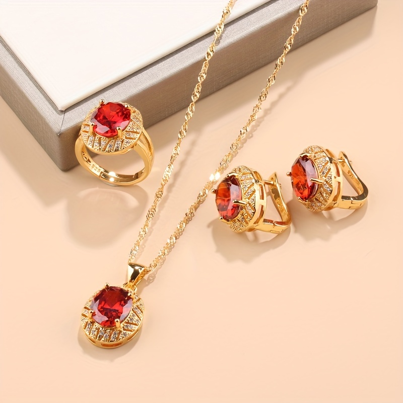 elegant 4 piece jewelry set 18k golden plated copper with synthetic zirconia stones french style necklace earrings and rings combo for daily wedding occasions christmas holiday theme   elegant accessory collection details 4