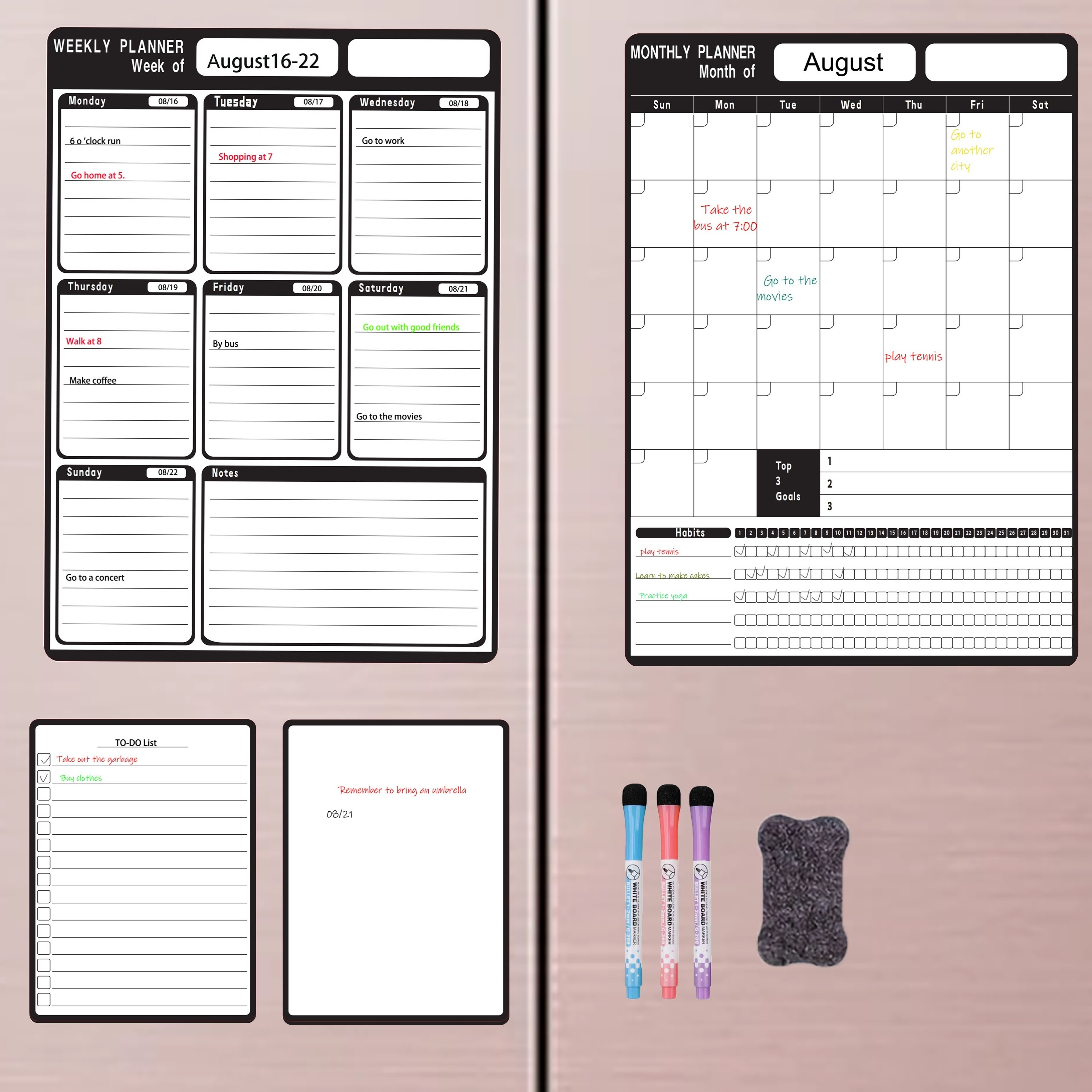 

Refrigerator Magnetic Calendar Set: 12"x17" Whiteboard, Monthly & Weekly Planners, Blank & To-do List Boards, 3 Markers & Eraser