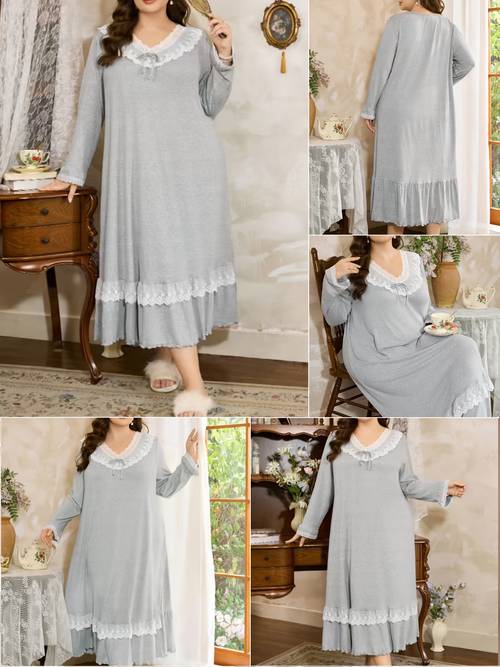 item picture new european and spring autumn solid color beautiful plus size womens long sleeve with cuffs v neck lace chest bow decoration ruffle casual loose and comfortable nightgown dress