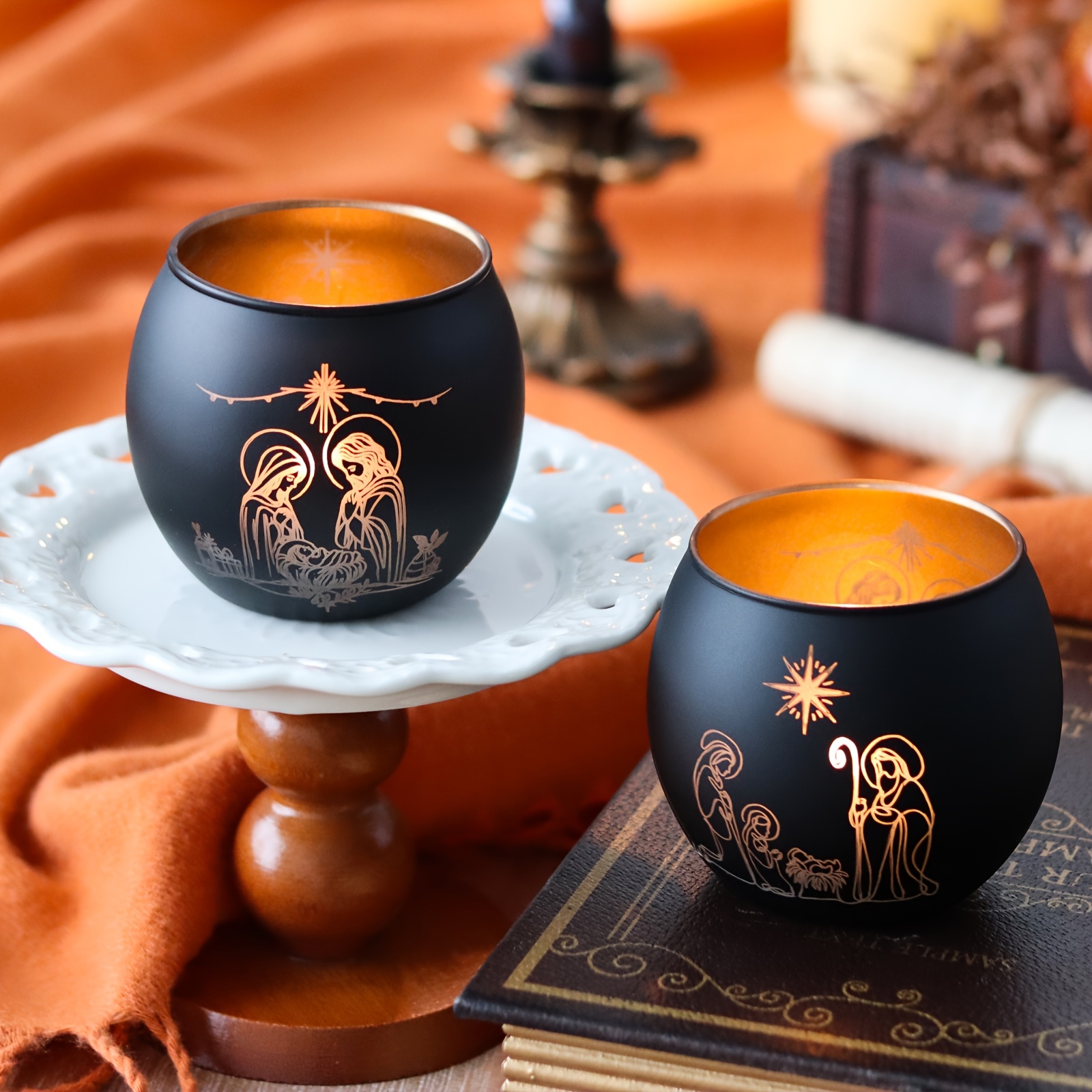 2 Bougeoirs en verre de la naissance de Jésus, décoration chrétienne, décoration de vacances de style classique, décoration de fête à la maison et au festival, nuit de la naissance de Jésus, Noël, Thanksgiving, Pâques et décoration de Nouvel An