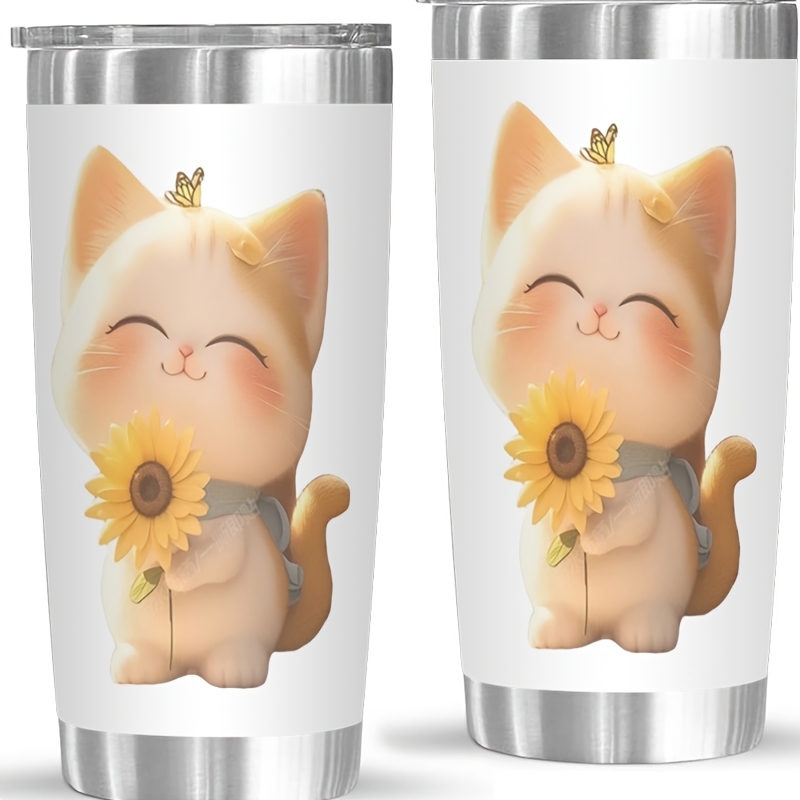 TEMU 1pc 20oz Insulated Stainless Steel Cat And Sunflower - -, -, Bpa-free, Drinks Hot/cold, For & Outdoor Use