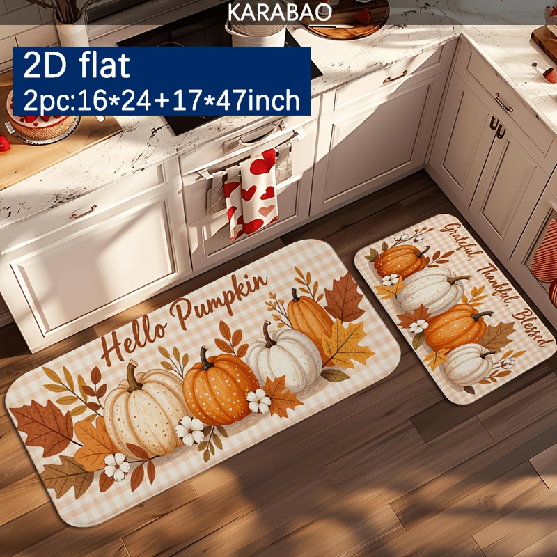 TEMU 2d Flat, 2/3pcs Autumn Pumpkin Theme Kitchen Mat Set, Plaid Background With Fallen Leaves And White Chrysanthemums, Cozy Thanksgiving Decor
