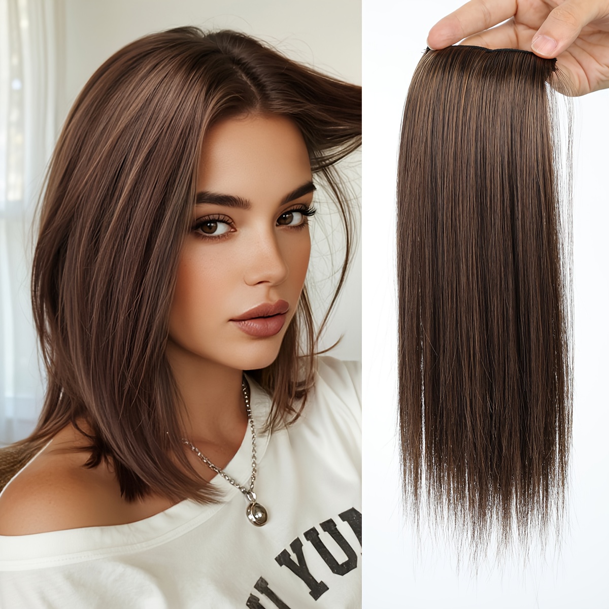 Image of Thick Hair Extension Clip In To Add Volume For Thinning Hair, Invisible Hair Clip, Synthetic Short Straight Hair Patch Suitable For Thin Hair