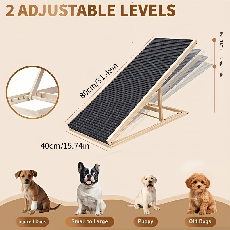 TEMU Adjustable Wooden Pet Ramp For Dogs And Cats, Foldable Non-slip Carpet Dog Bed Ramp, Portable Collapsible Pet Slope Stairs For Bed, Couch, Car,