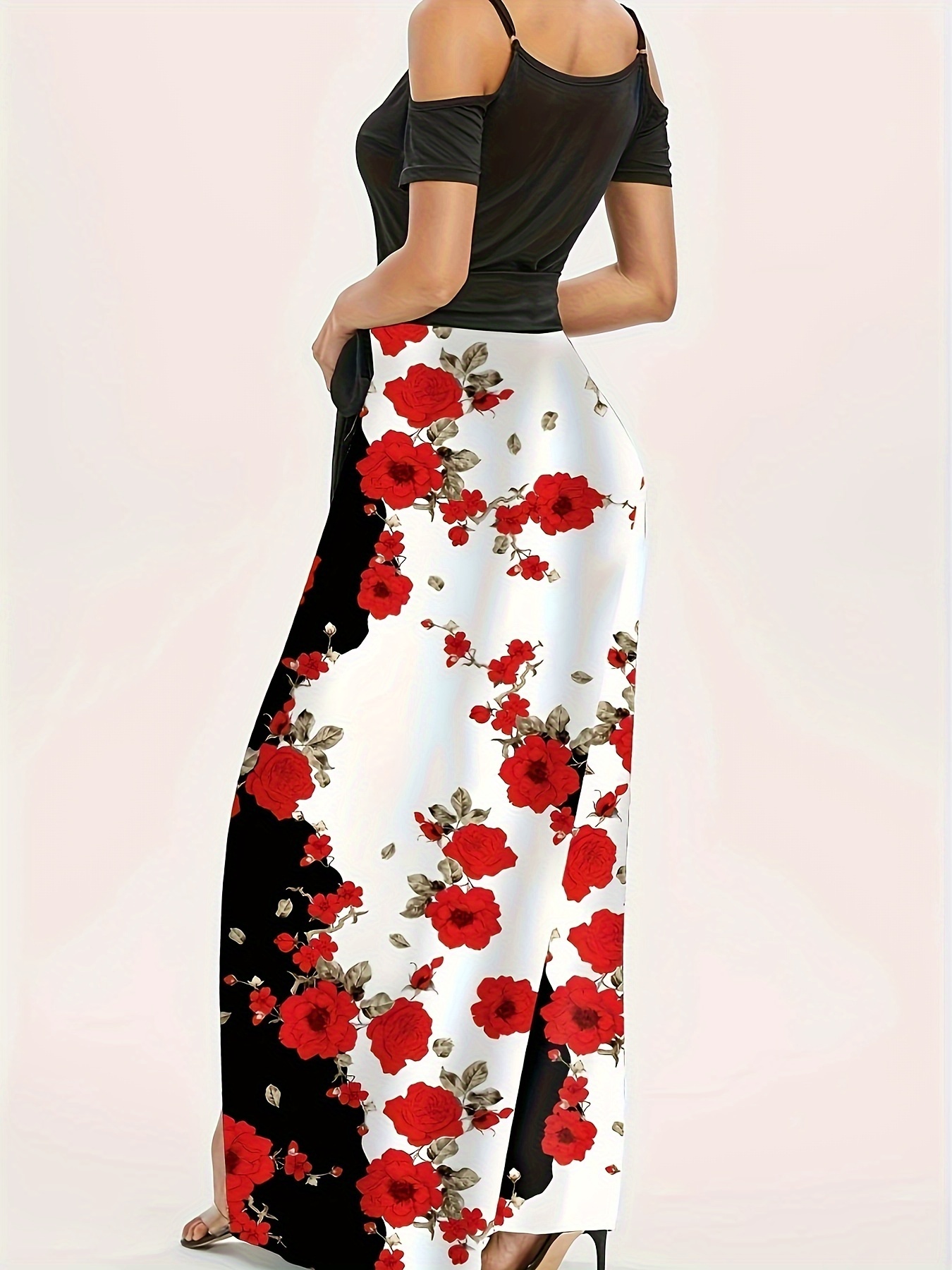 floral print cold shoulder dress elegant color block short sleeve maxi dress for summer womens clothing