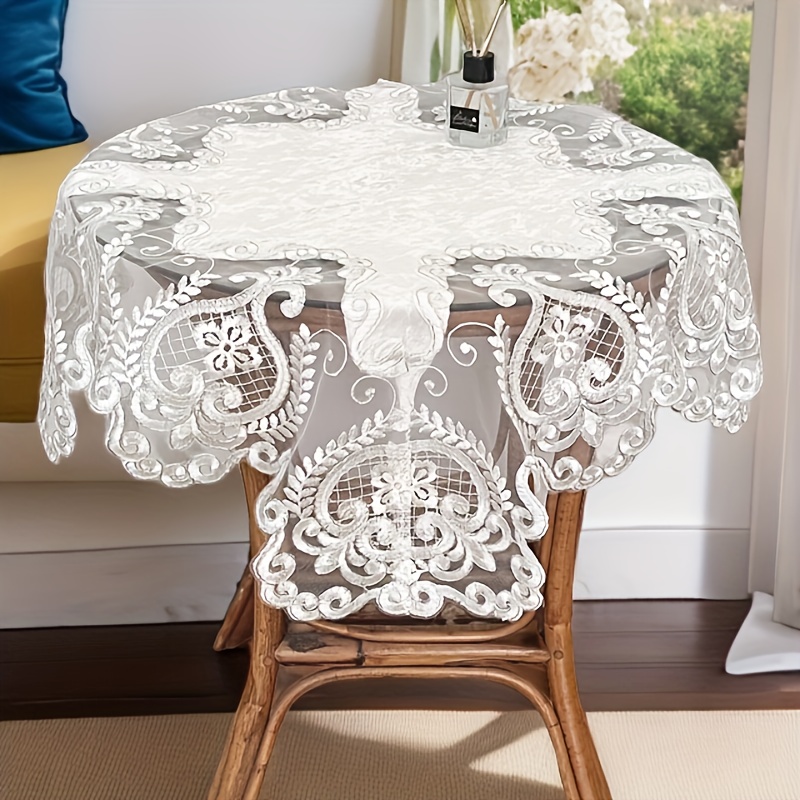 

Elegant White Lace Tablecloth, Polyester Square Table Cover With Silver Edging For Dining Room And Garden Decoration, Versatile Square And Round Table Fit, Woven Floral Design - 1pc