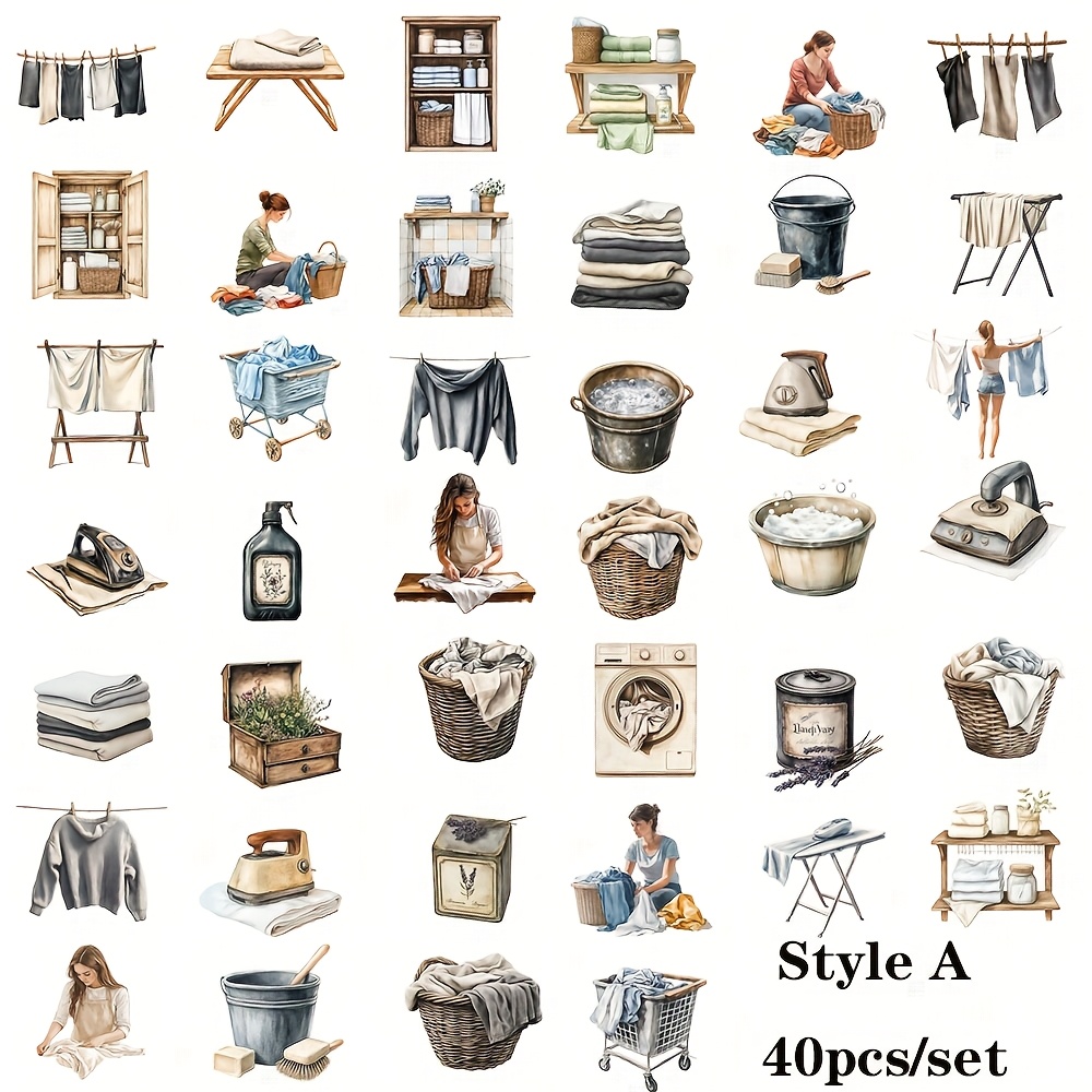 Image of 40pcs/set Vintage Gray Laundry Tools Handmade Stickers Decoration, Vintage Gray Laundry Tools High Quality Stickers Decoration For Diy Notebooks, Photo Albums, Diaries, And Magazines