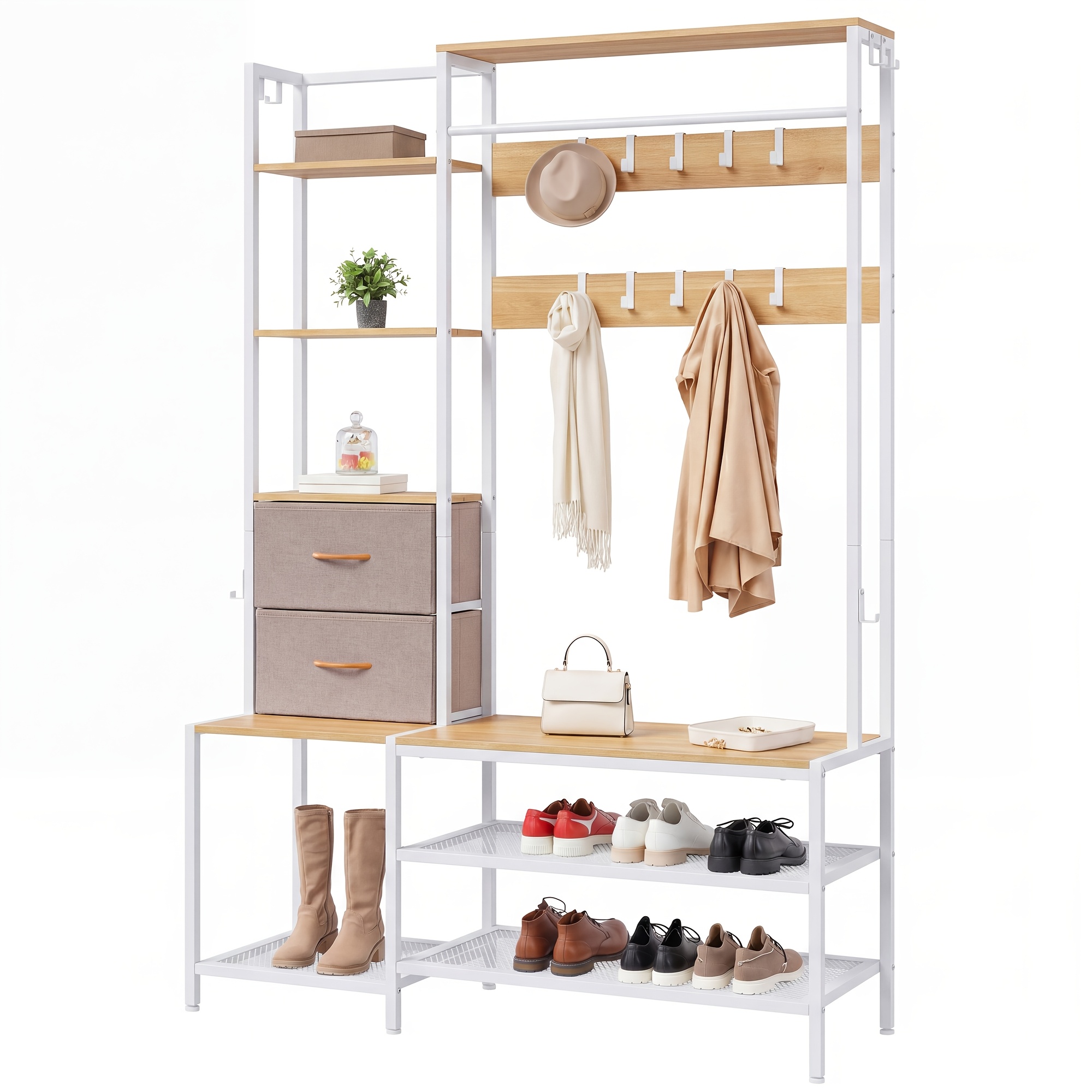 Image of 9 Hooks Coat Rack With 2 Drawers And Shoe Bench, Freestanding Entryway Cabinet With Shoe Rack Storage Shelf, 120x180x40cm, Stable Large Capacity