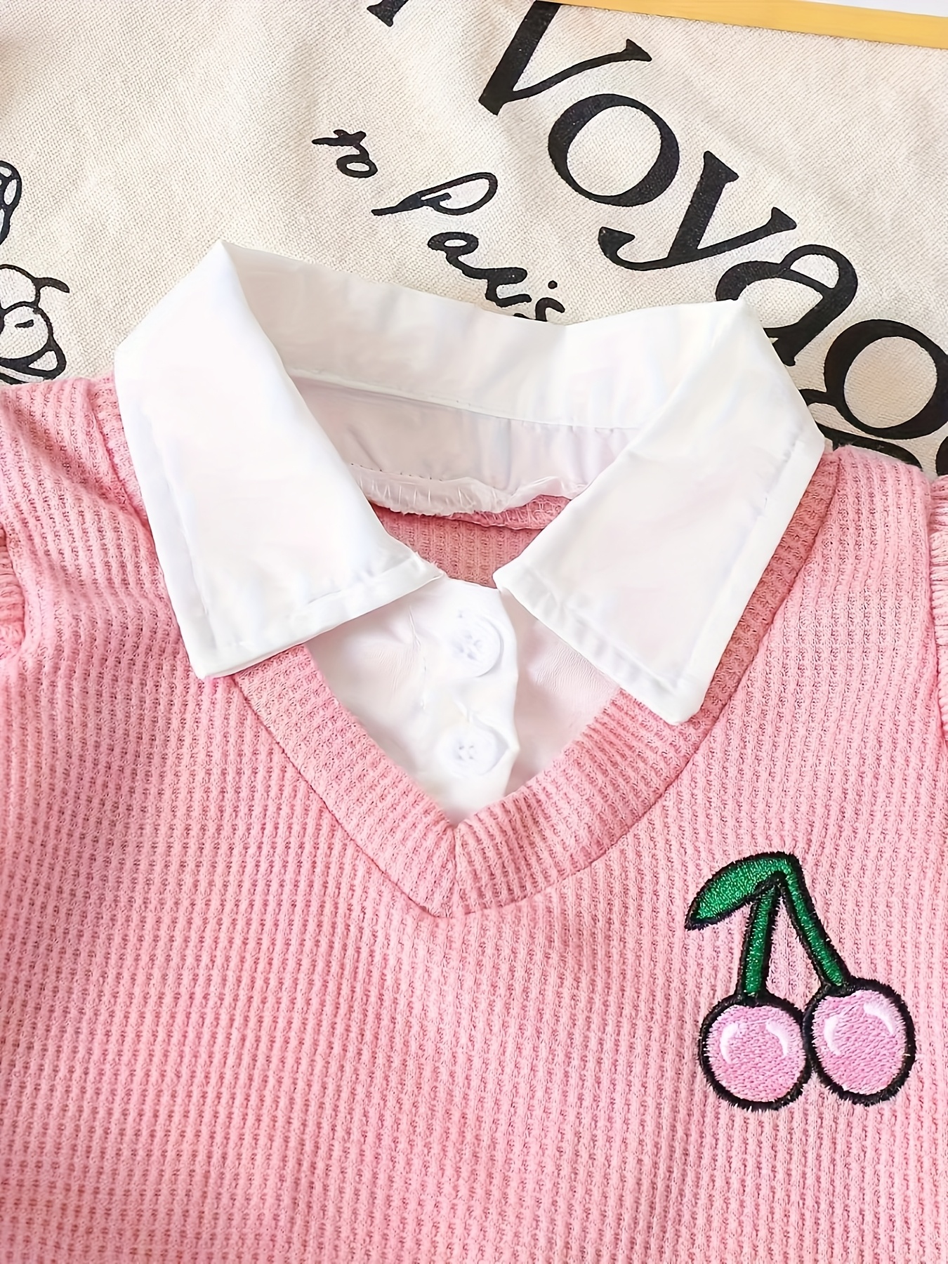 spring and autumn casual sweet and   for baby girls a pink waffle collar faux two piece top   with cherry embroidered straight leg elastic waist faux denim set   everyday   and play for outdoor Product details 6